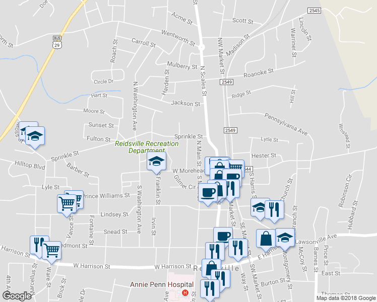 map of restaurants, bars, coffee shops, grocery stores, and more near 117 Arlington Street in Reidsville