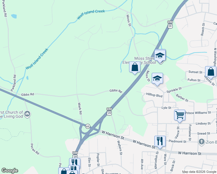 map of restaurants, bars, coffee shops, grocery stores, and more near 1406 Gibbs Road in Reidsville