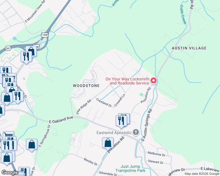 map of restaurants, bars, coffee shops, grocery stores, and more near 612 Pine Ridge Rd in Johnson City