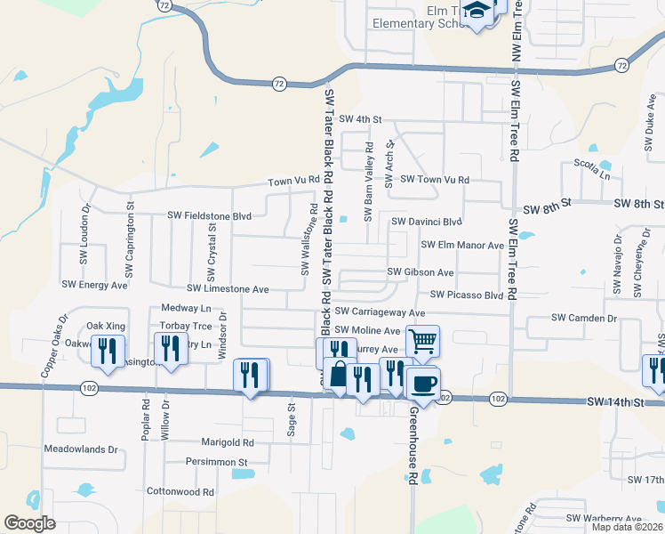 map of restaurants, bars, coffee shops, grocery stores, and more near 3914 Southwest Gibson Avenue in Bentonville