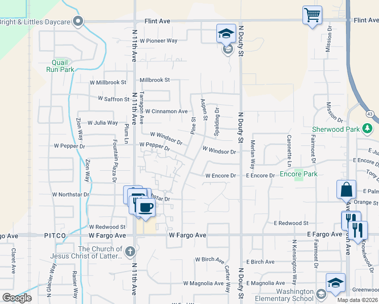 map of restaurants, bars, coffee shops, grocery stores, and more near 2891 Pine Street in Hanford