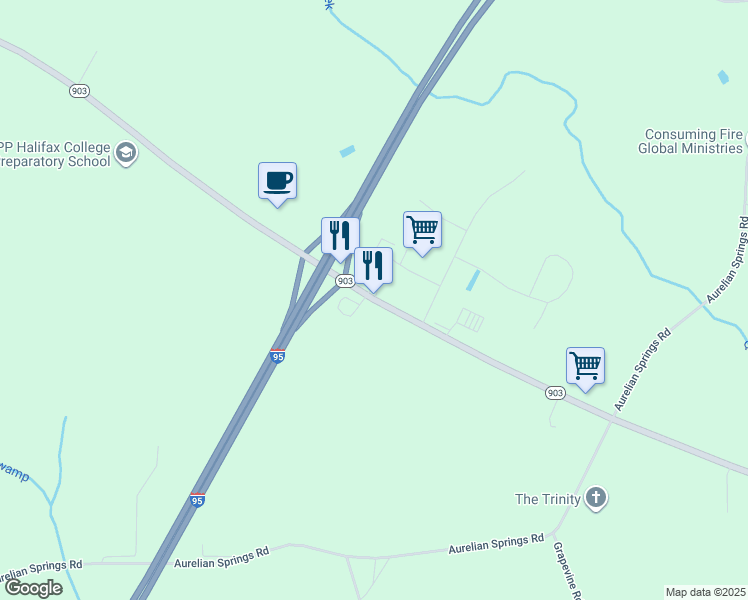 map of restaurants, bars, coffee shops, grocery stores, and more near 10675 North Carolina 903 in Halifax