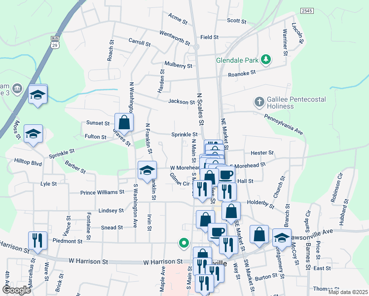 map of restaurants, bars, coffee shops, grocery stores, and more near 117 Arlington Street in Reidsville