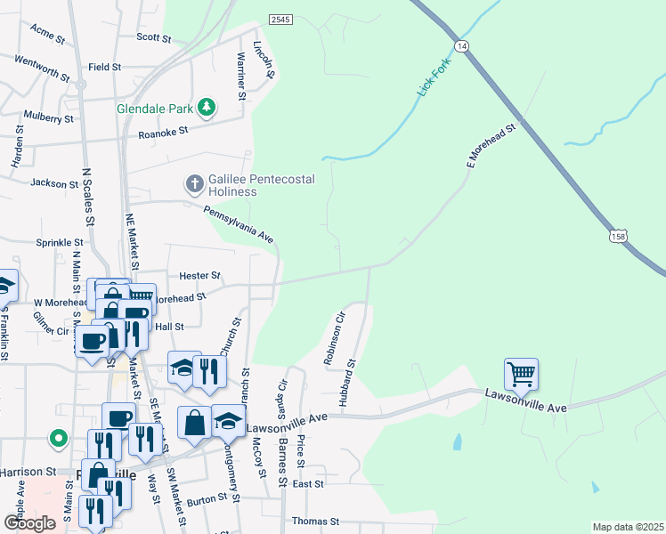 map of restaurants, bars, coffee shops, grocery stores, and more near 545 East Morehead Street in Reidsville