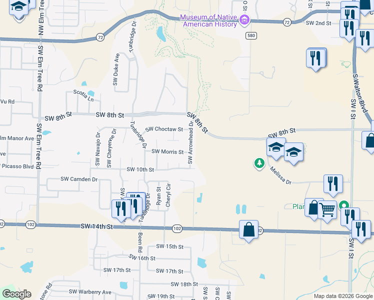 map of restaurants, bars, coffee shops, grocery stores, and more near 820 Southwest Arrowhead Drive in Bentonville