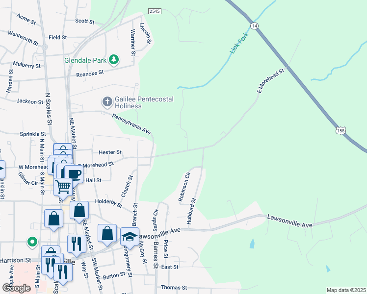 map of restaurants, bars, coffee shops, grocery stores, and more near 545 East Morehead Street in Reidsville