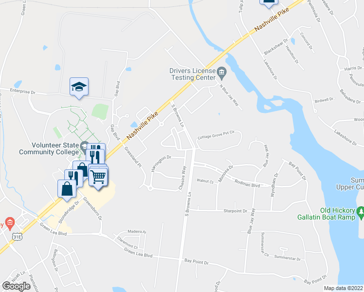 map of restaurants, bars, coffee shops, grocery stores, and more near 42 Derbyshire Pvt Road in Gallatin