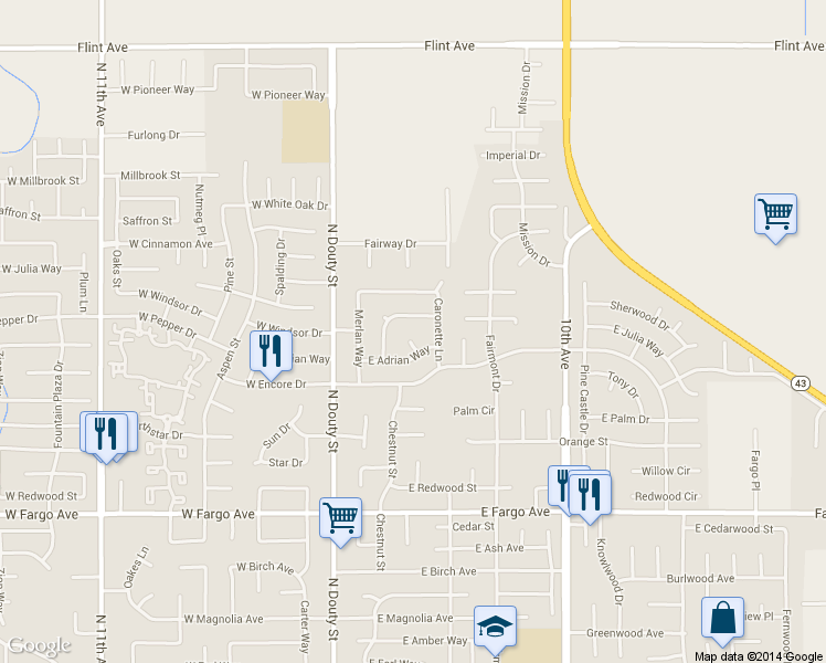 map of restaurants, bars, coffee shops, grocery stores, and more near 2889 Adrian Circle in Hanford