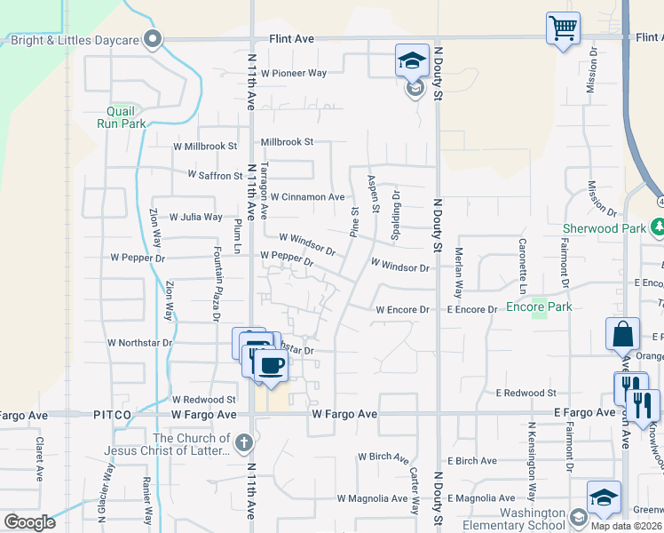 map of restaurants, bars, coffee shops, grocery stores, and more near 2891 Pine Street in Hanford