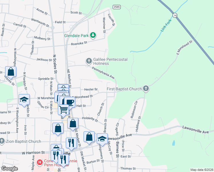 map of restaurants, bars, coffee shops, grocery stores, and more near 107 North Branch Street in Reidsville
