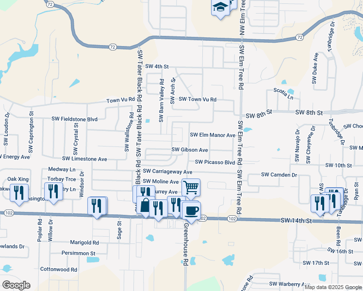 map of restaurants, bars, coffee shops, grocery stores, and more near 3704 SW Gibson Ave in Bentonville