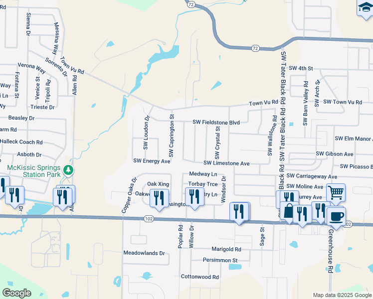 map of restaurants, bars, coffee shops, grocery stores, and more near 901 Southwest Sandrock Road in Bentonville