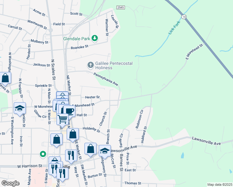 map of restaurants, bars, coffee shops, grocery stores, and more near 288 Pennsylvania Avenue in Reidsville