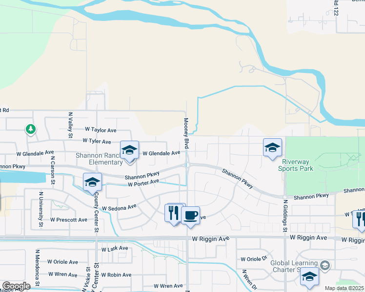 map of restaurants, bars, coffee shops, grocery stores, and more near 3718 North Shady Court in Visalia