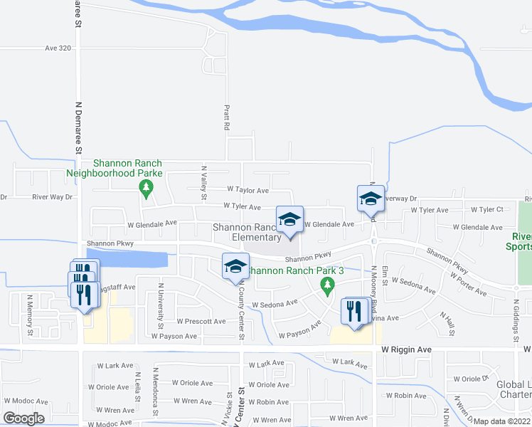 map of restaurants, bars, coffee shops, grocery stores, and more near 2711 West Tyler Avenue in Visalia