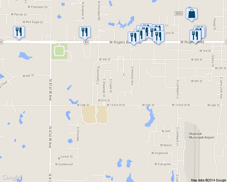map of restaurants, bars, coffee shops, grocery stores, and more near 609 South Creek Street in Skiatook