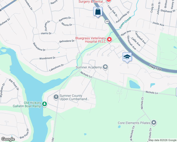 map of restaurants, bars, coffee shops, grocery stores, and more near 520 Rhodes Circle in Gallatin