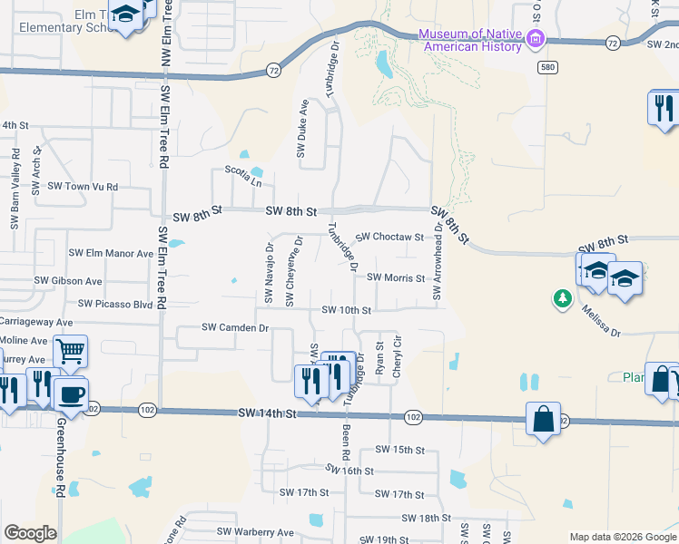 map of restaurants, bars, coffee shops, grocery stores, and more near 2601 Southwest Aztec Place in Bentonville