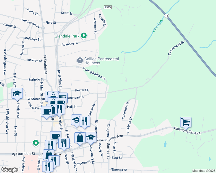 map of restaurants, bars, coffee shops, grocery stores, and more near 288 Pennsylvania Avenue in Reidsville