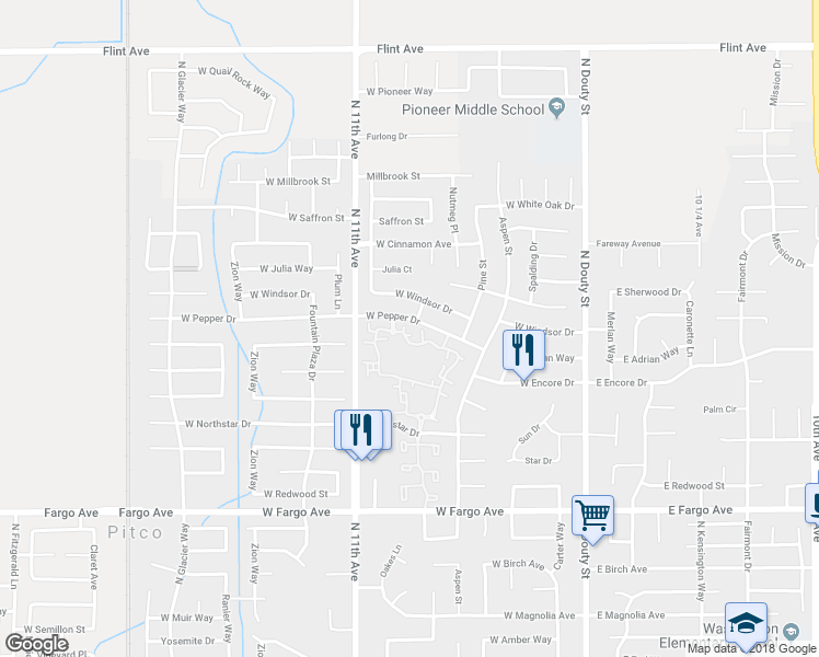 map of restaurants, bars, coffee shops, grocery stores, and more near 573 West Pepper Drive in Hanford