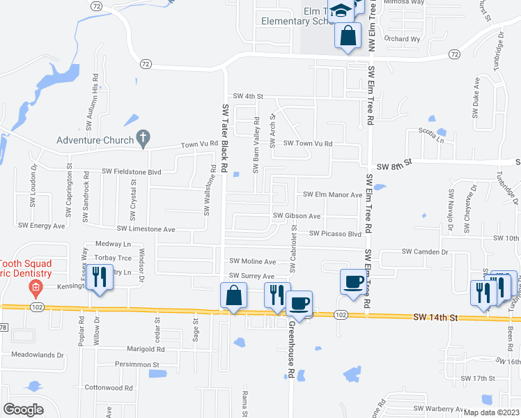map of restaurants, bars, coffee shops, grocery stores, and more near 3806 SW Gibson Ave in Bentonville