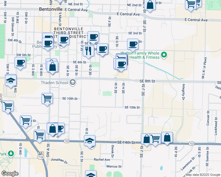 map of restaurants, bars, coffee shops, grocery stores, and more near 905 Durham Place in Bentonville
