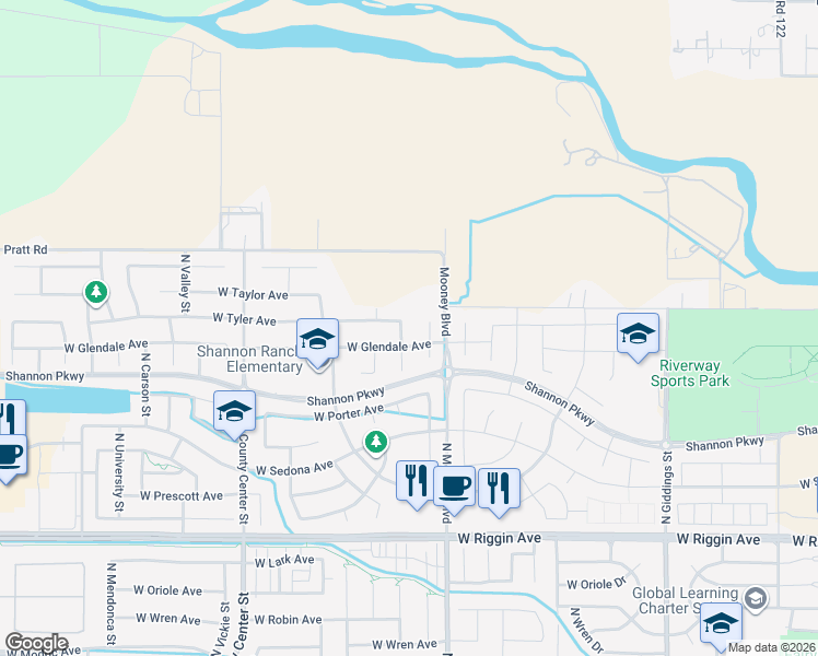map of restaurants, bars, coffee shops, grocery stores, and more near 3724 North Sallee Street in Visalia