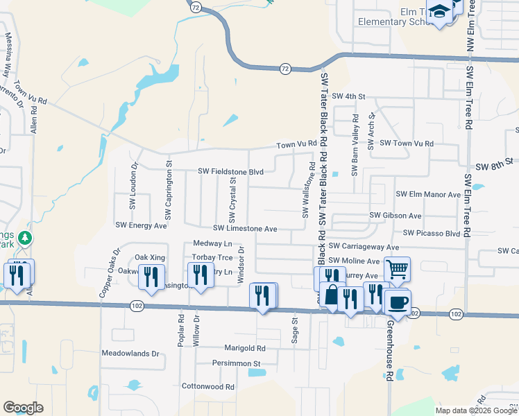 map of restaurants, bars, coffee shops, grocery stores, and more near 4304 Southwest Slate Lane in Bentonville
