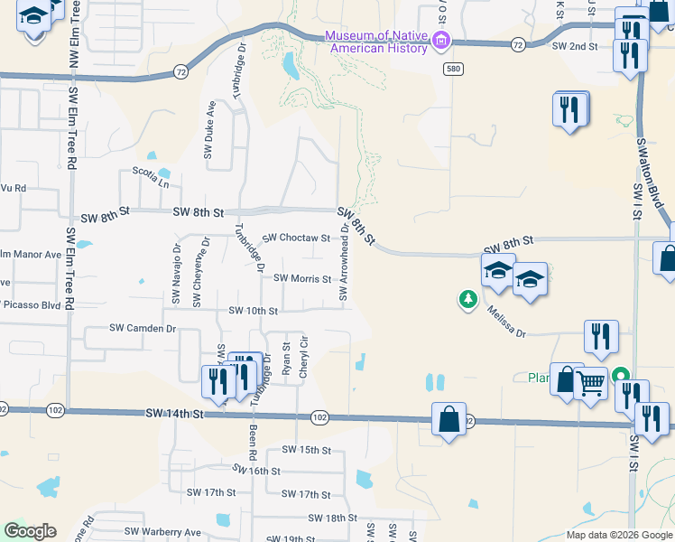 map of restaurants, bars, coffee shops, grocery stores, and more near 820 Southwest Arrowhead Drive in Bentonville