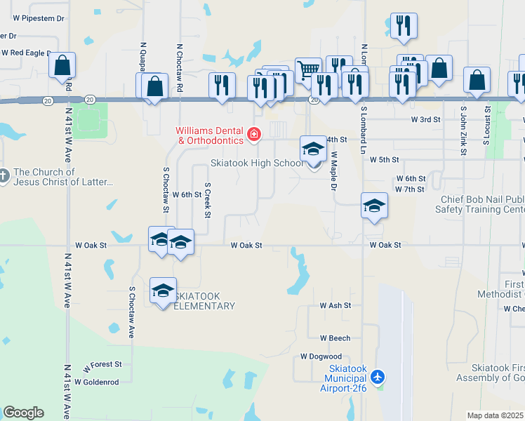 map of restaurants, bars, coffee shops, grocery stores, and more near 601 West Elm Street in Skiatook