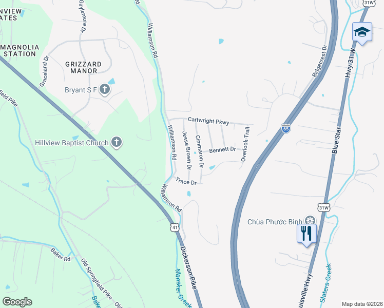 map of restaurants, bars, coffee shops, grocery stores, and more near 116 Jesse Brown Drive in Goodlettsville