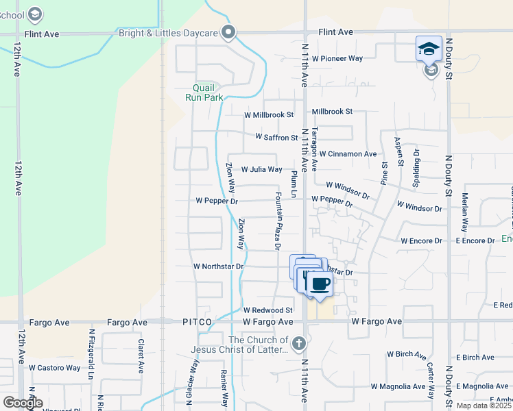 map of restaurants, bars, coffee shops, grocery stores, and more near 945 West Pepper Drive in Hanford