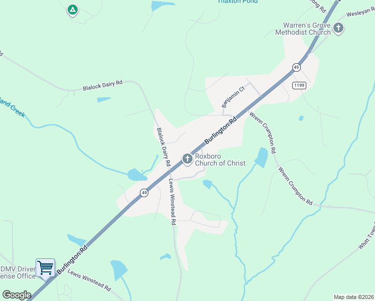 map of restaurants, bars, coffee shops, grocery stores, and more near 2530 Burlington Road in Roxboro