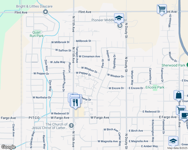 map of restaurants, bars, coffee shops, grocery stores, and more near 440 Pepper Drive in Hanford