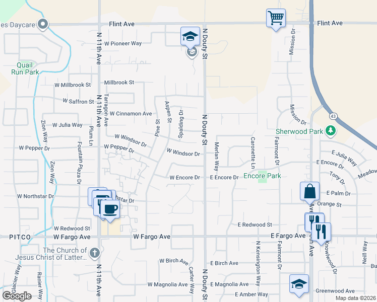 map of restaurants, bars, coffee shops, grocery stores, and more near 200 West Windsor Drive in Hanford
