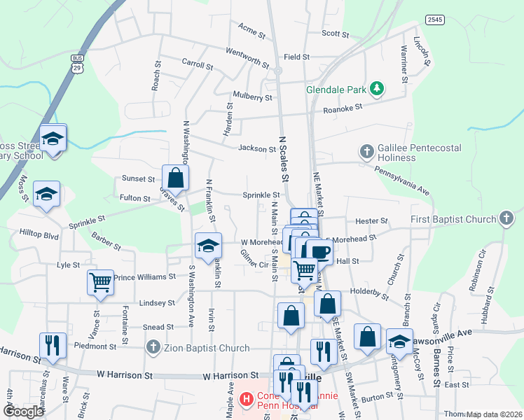 map of restaurants, bars, coffee shops, grocery stores, and more near 121 Arlington Street in Reidsville