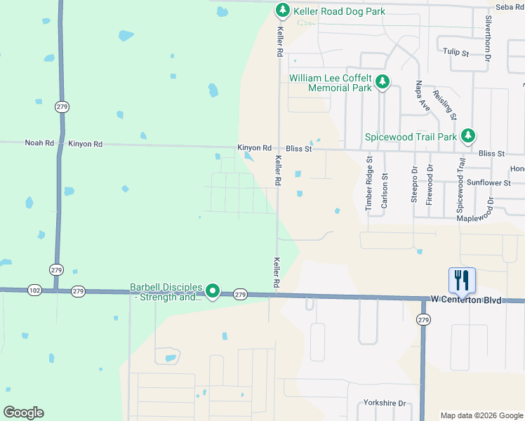 map of restaurants, bars, coffee shops, grocery stores, and more near 111-199 Keller Road in Centerton