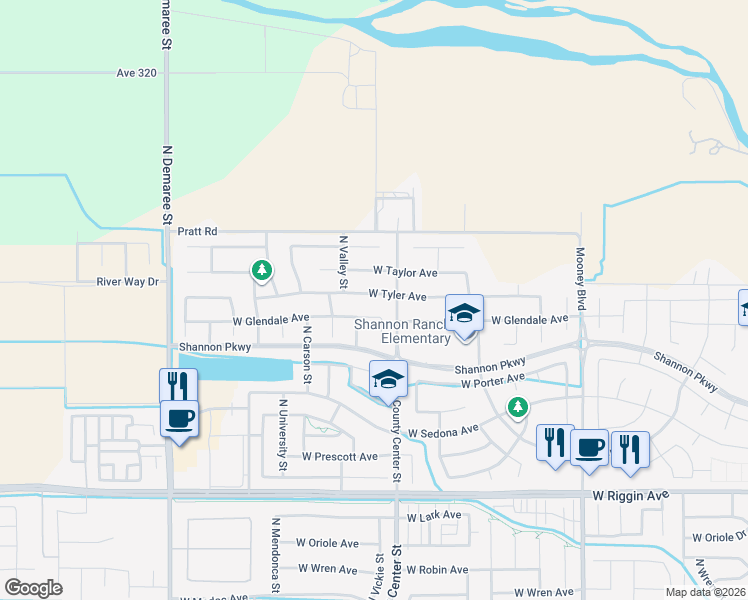 map of restaurants, bars, coffee shops, grocery stores, and more near 2831 West Tyler Avenue in Visalia