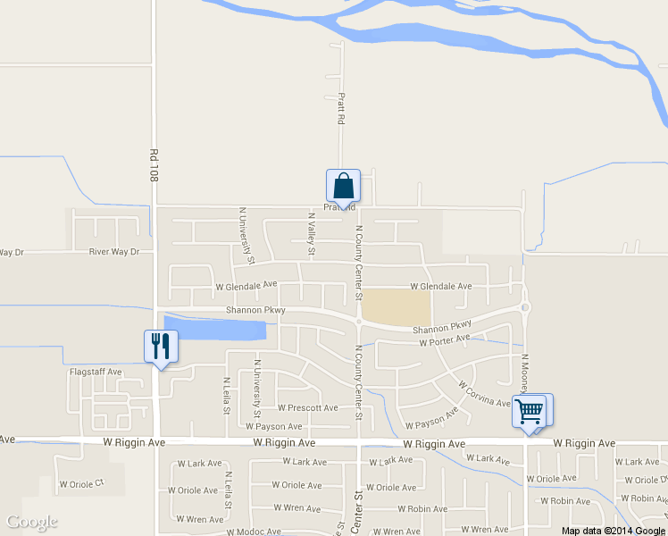 map of restaurants, bars, coffee shops, grocery stores, and more near 2831 West Tyler Avenue in Visalia