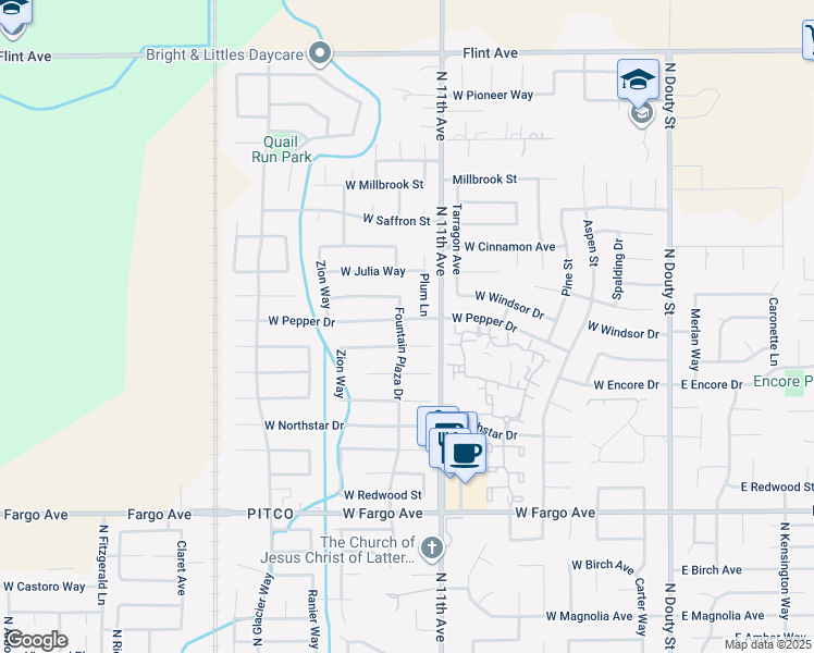 map of restaurants, bars, coffee shops, grocery stores, and more near 893 West Pepper Drive in Hanford