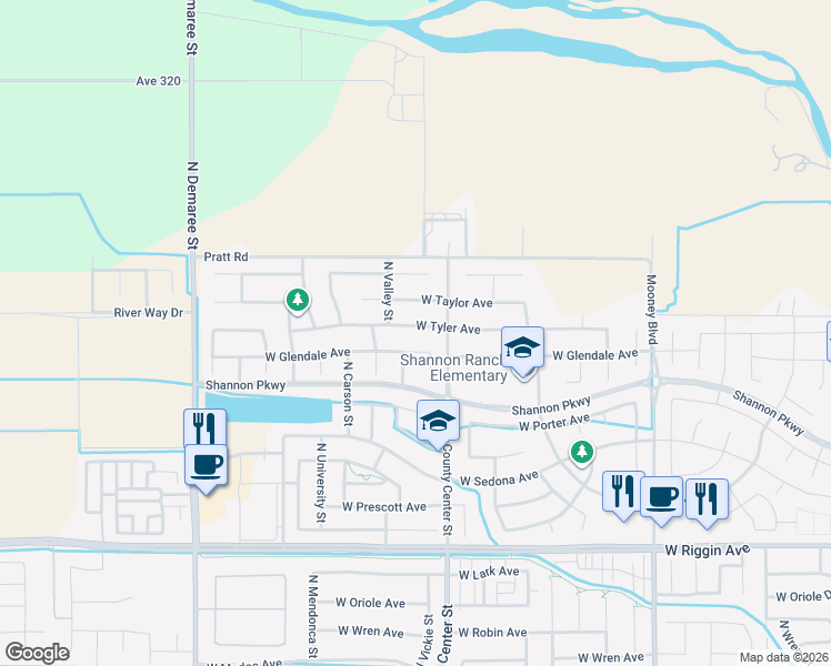 map of restaurants, bars, coffee shops, grocery stores, and more near 2831 West Tyler Avenue in Visalia