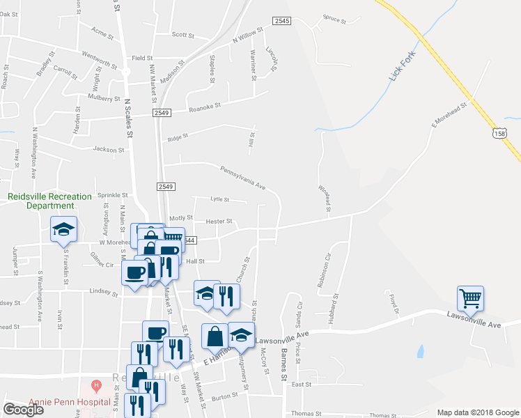 map of restaurants, bars, coffee shops, grocery stores, and more near 113 North Branch Street in Reidsville