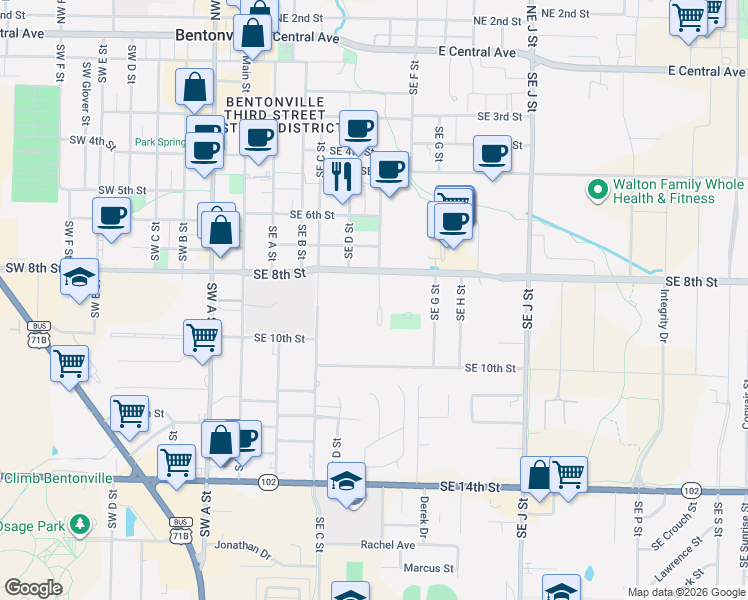 map of restaurants, bars, coffee shops, grocery stores, and more near 813 Southeast East Court in Bentonville