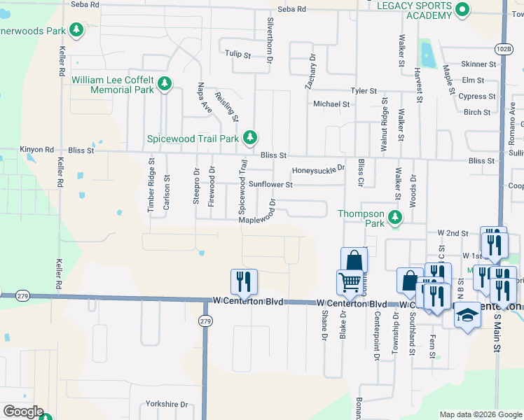 map of restaurants, bars, coffee shops, grocery stores, and more near 431-1050 Maplewood Drive in Centerton