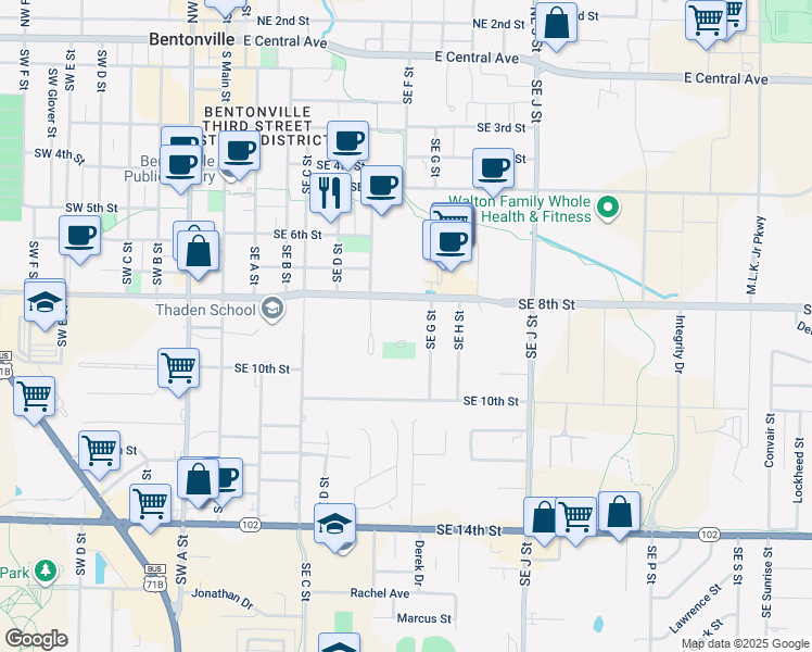 map of restaurants, bars, coffee shops, grocery stores, and more near 823 Durham Place in Bentonville