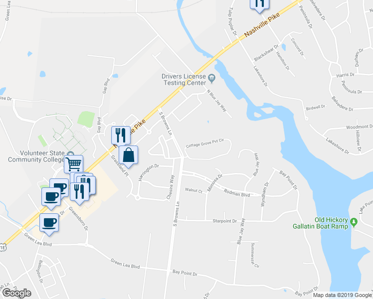 map of restaurants, bars, coffee shops, grocery stores, and more near 825 South Browns Lane in Gallatin