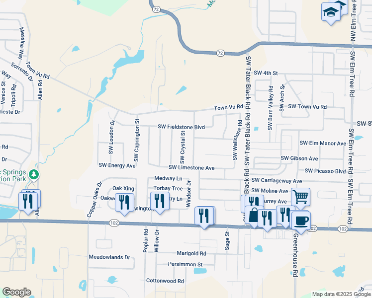 map of restaurants, bars, coffee shops, grocery stores, and more near 805 Southwest Crystal Street in Bentonville