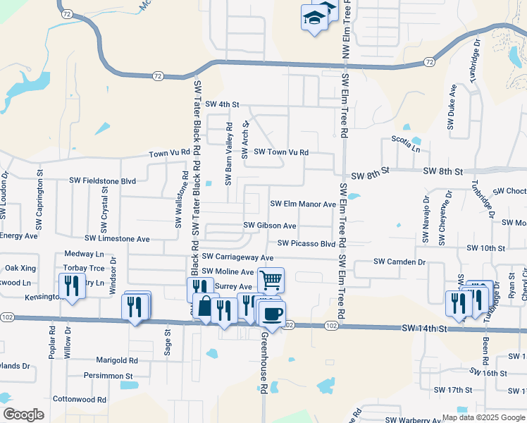 map of restaurants, bars, coffee shops, grocery stores, and more near 3704 Southwest Gibson Avenue in Bentonville
