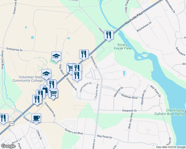 map of restaurants, bars, coffee shops, grocery stores, and more near 800 South Browns Lane in Gallatin