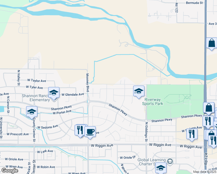 map of restaurants, bars, coffee shops, grocery stores, and more near 3722 North Fairway Street in Visalia